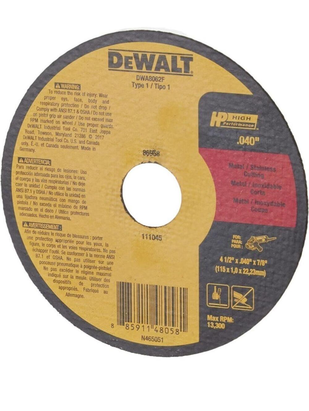 DeWalt Fast Cut-Off Wheel 4.5" x 0.04" x 0.875" Power Tool Accessory New